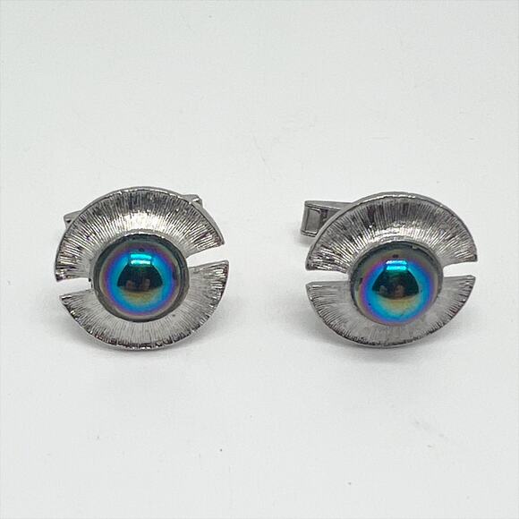 Vintage Silver Tone Round Design Iridescent Stone Cufflinks Menswear - Picture 1 of 5